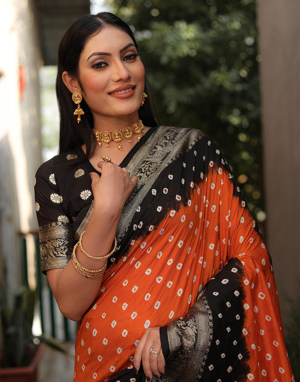Black & Orange Hand Bandhej Bandhani Saree With Weaving Work