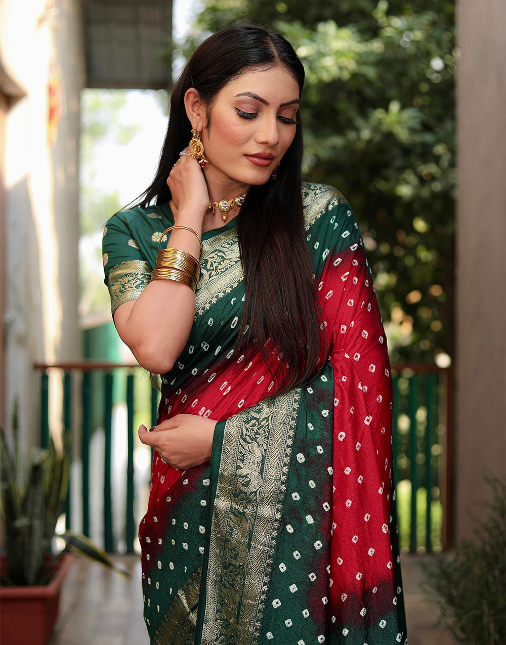 Dark Green & Red Hand Bandhej Bandhani Saree With Weaving Work