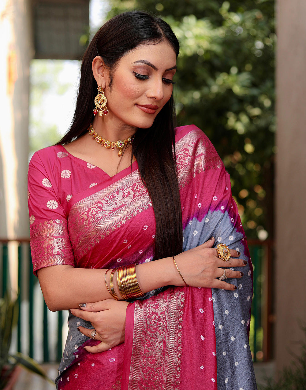 Dark Pink & Grey Hand Bandhej Bandhani Saree With Weaving Work