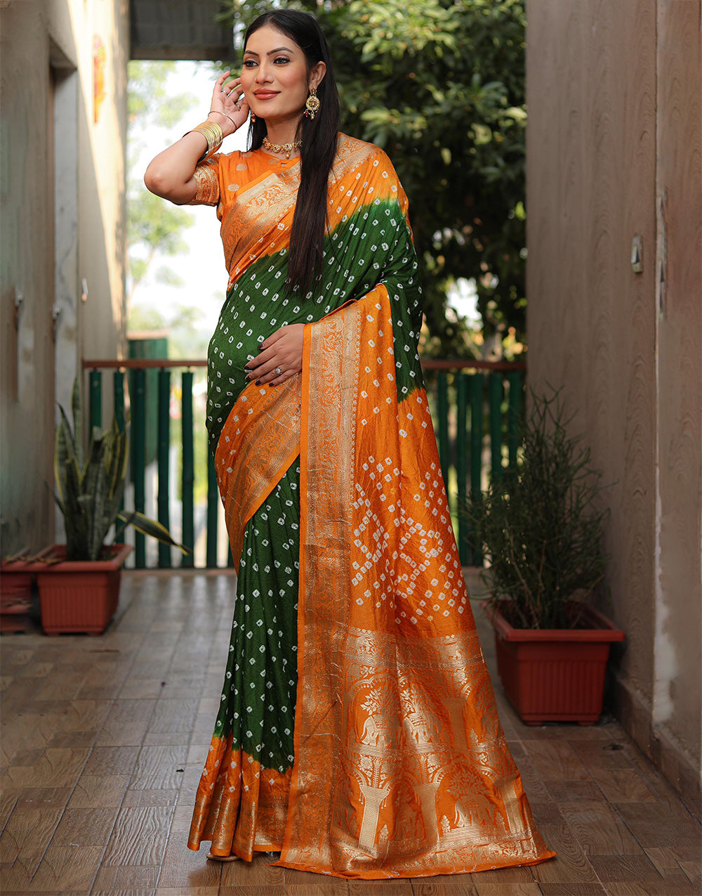 Green & Orange Hand Bandhej Bandhani Saree With Weaving Work