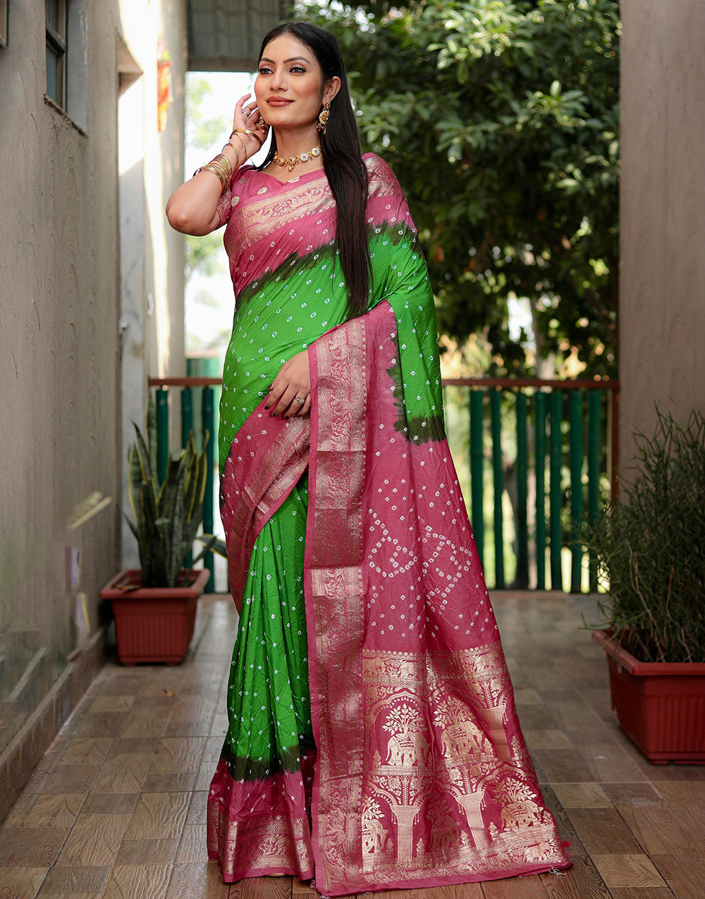 Pink & Green Hand Bandhej Bandhani Saree With Weaving Work