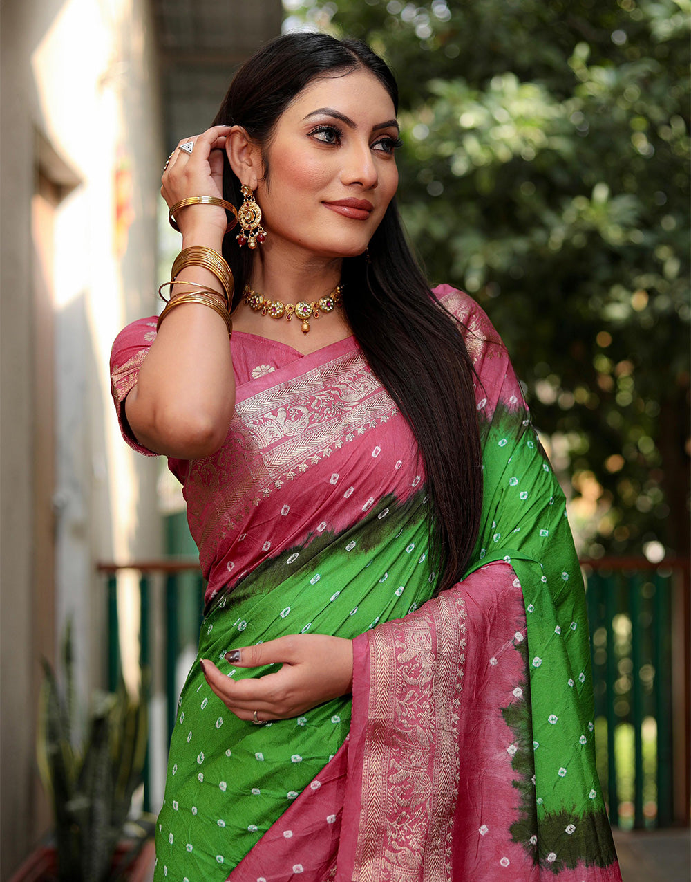 Punch Pink & Parrot Green Hand Bandhej Bandhani Saree With Weaving Work