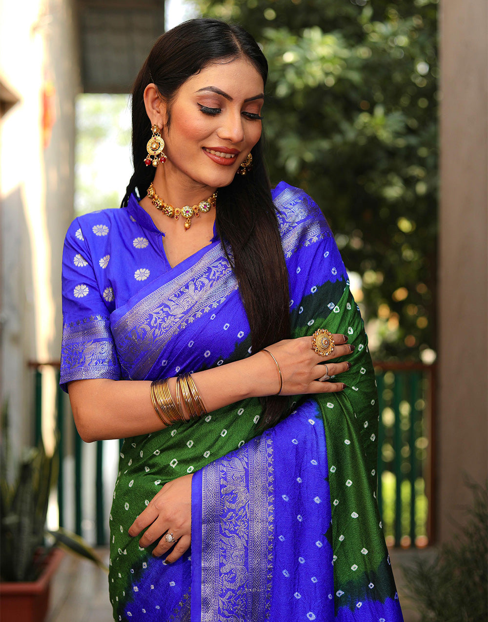 Purple & Green Hand Bandhej Bandhani Saree With Weaving Work