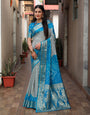 Blue & Grey Hand Bandhej Bandhani Saree With Weaving Work