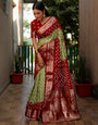 Red & Pista Hand Bandhej Bandhani Saree With Weaving Work