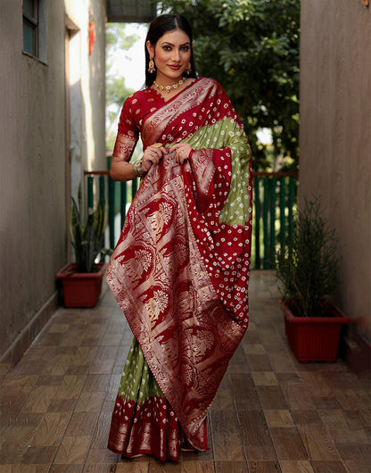 Red & Pista Hand Bandhej Bandhani Saree With Weaving Work