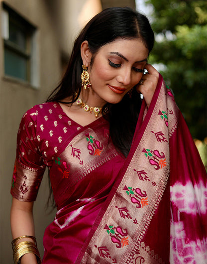 Carmine Red Paithani Silk Saree With Weaving Work