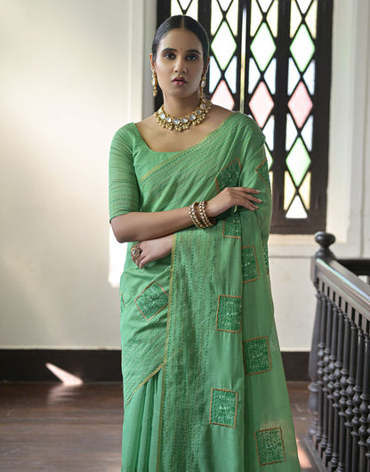 Seafoam Green Tussar Silk Saree With Thread Work