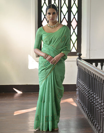 Seafoam Green Tussar Silk Saree With Thread Work