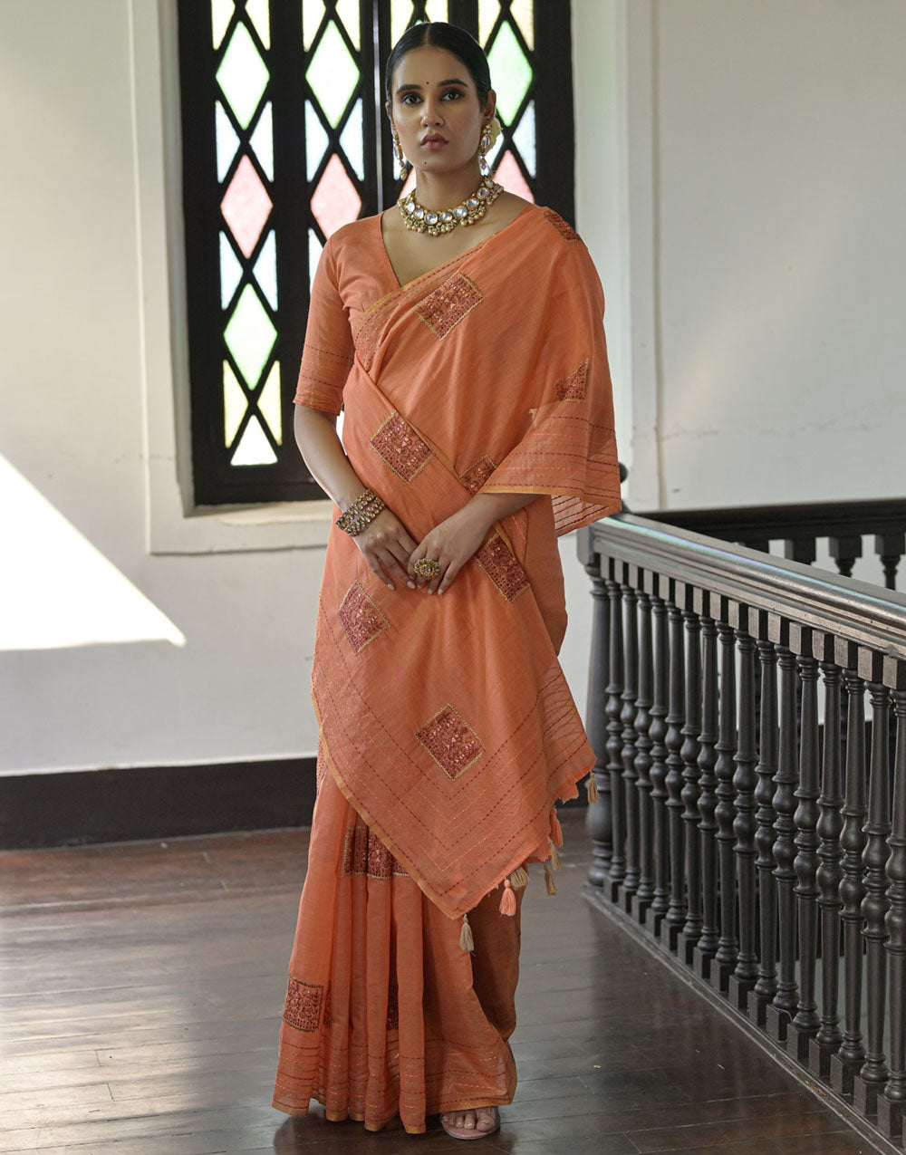 Cantaloupe Orange Tussar Silk Saree With Thread Work