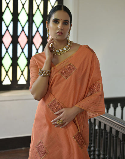 Cantaloupe Orange Tussar Silk Saree With Thread Work