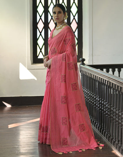 Pink Tussar Silk Saree With Thread Work