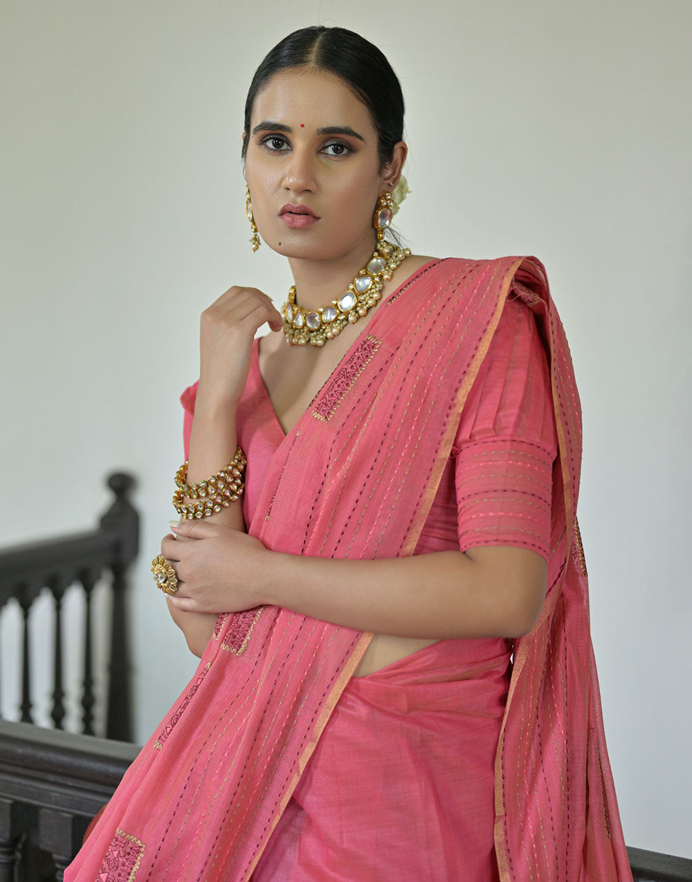 Pink Tussar Silk Saree With Thread Work