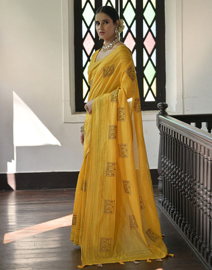 Yellow Tussar Silk Saree With Thread Work