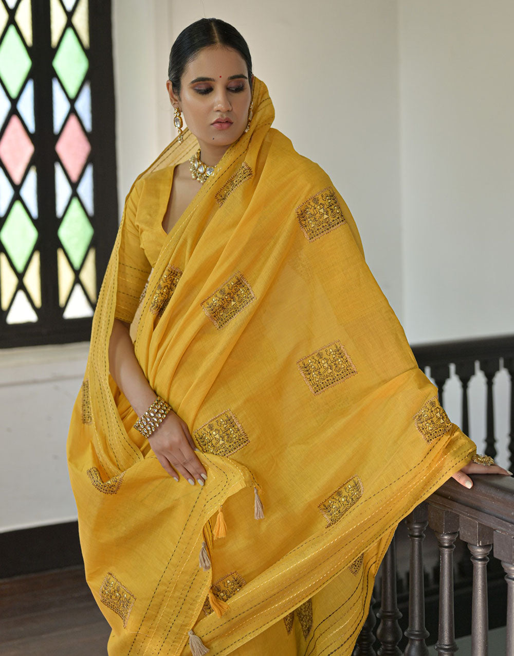 Yellow Tussar Silk Saree With Thread Work