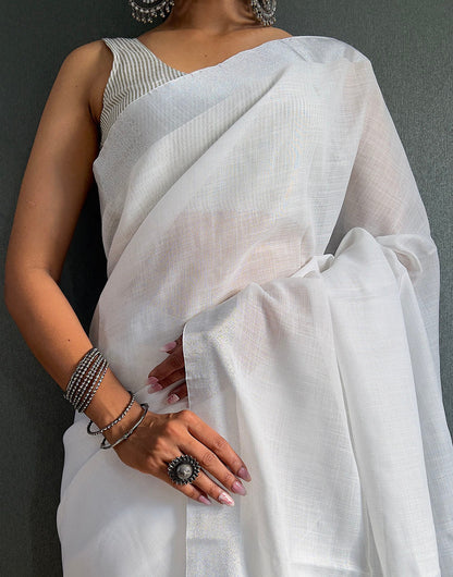 White & Mahendi Cotton Striped Saree With Tassles On Pallu