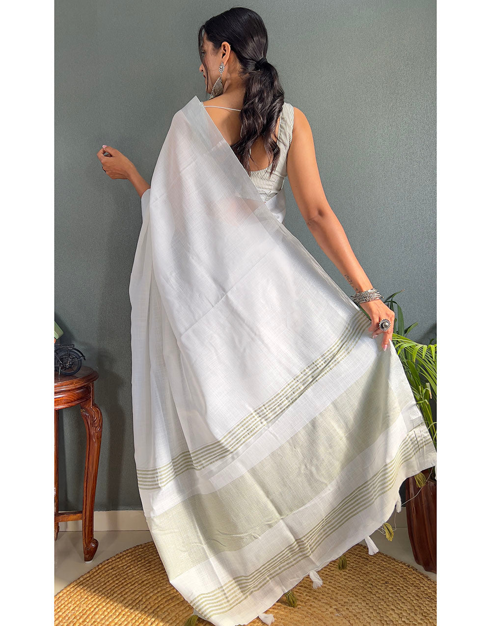 White & Mahendi Cotton Striped Saree With Tassles On Pallu