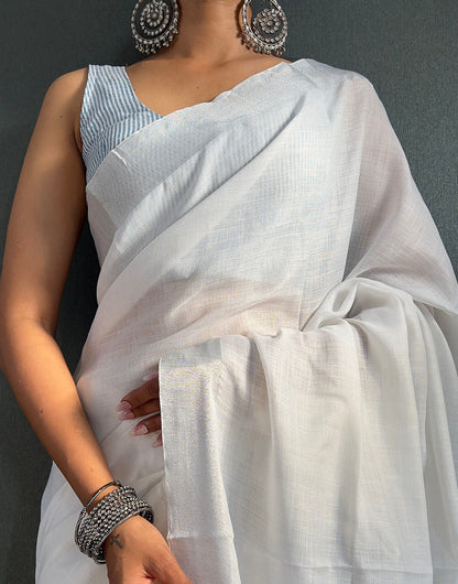 White & Sky Blue Cotton Striped Saree With Tassles On Pallu