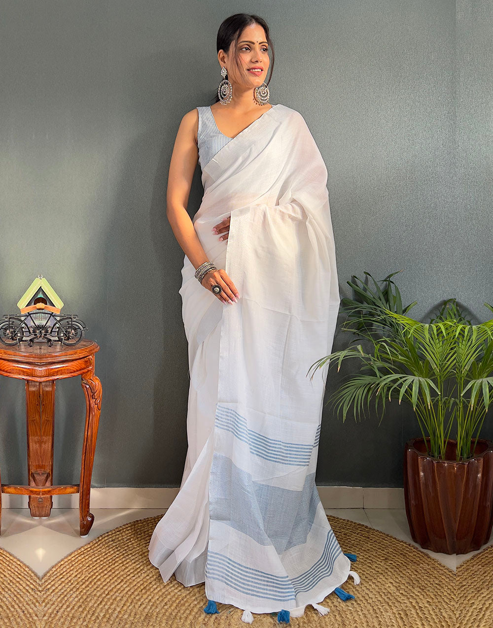 White & Sky Blue Cotton Striped Saree With Tassles On Pallu