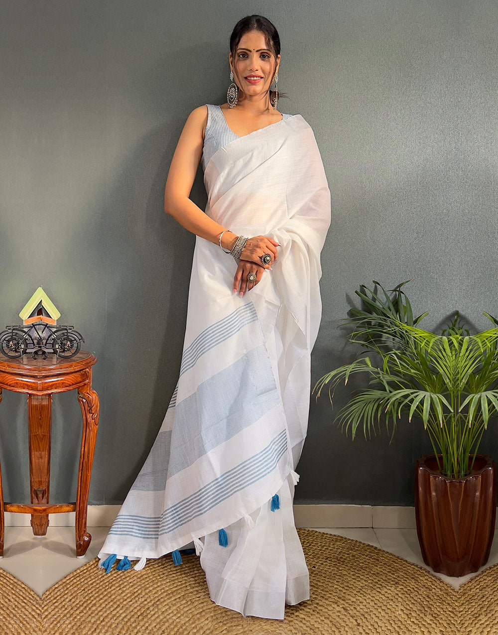 White & Sky Blue Cotton Striped Saree With Tassles On Pallu