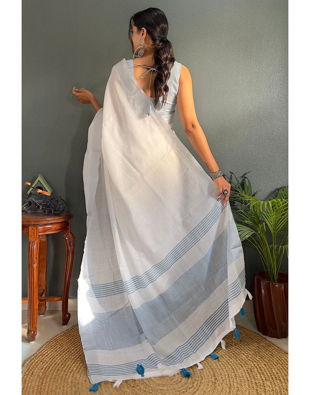 White & Sky Blue Cotton Striped Saree With Tassles On Pallu