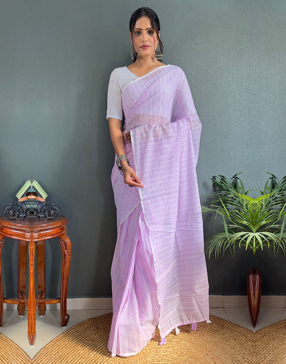 Lavender Cotton Striped Saree With Tassels On Pallu