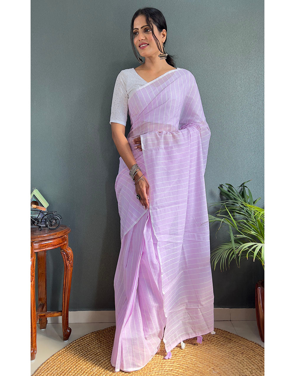 Lavender Cotton Striped Saree With Tassels On Pallu