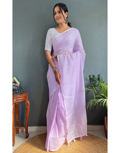 Lavender Cotton Striped Saree With Tassels On Pallu