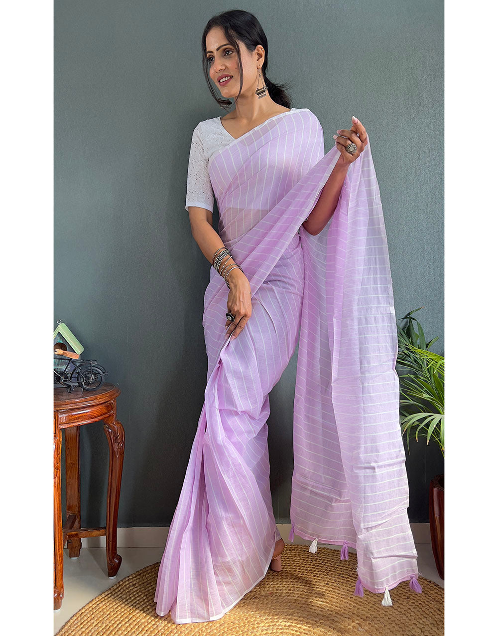 Lavender Cotton Striped Saree With Tassels On Pallu