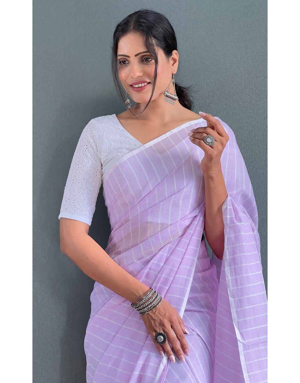 Lavender Cotton Striped Saree With Tassels On Pallu