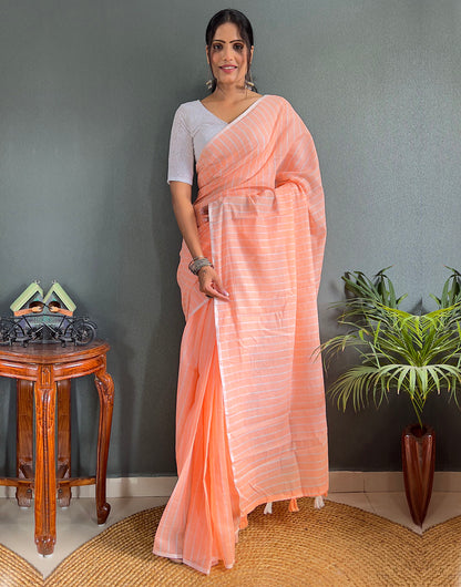 Cantaloupe Orange Cotton Striped Saree With Tassels On Pallu