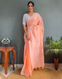 Cantaloupe Orange Cotton Striped Saree With Tassels On Pallu