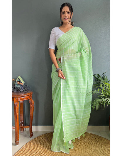 Pista Green Cotton Striped Saree With Tassels On Pallu