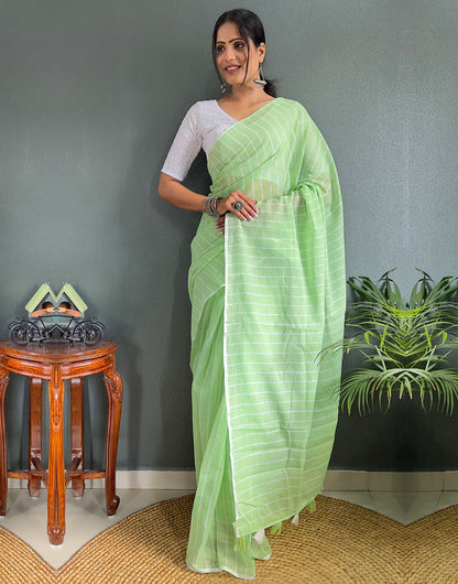 Pista Green Cotton Striped Saree With Tassels On Pallu