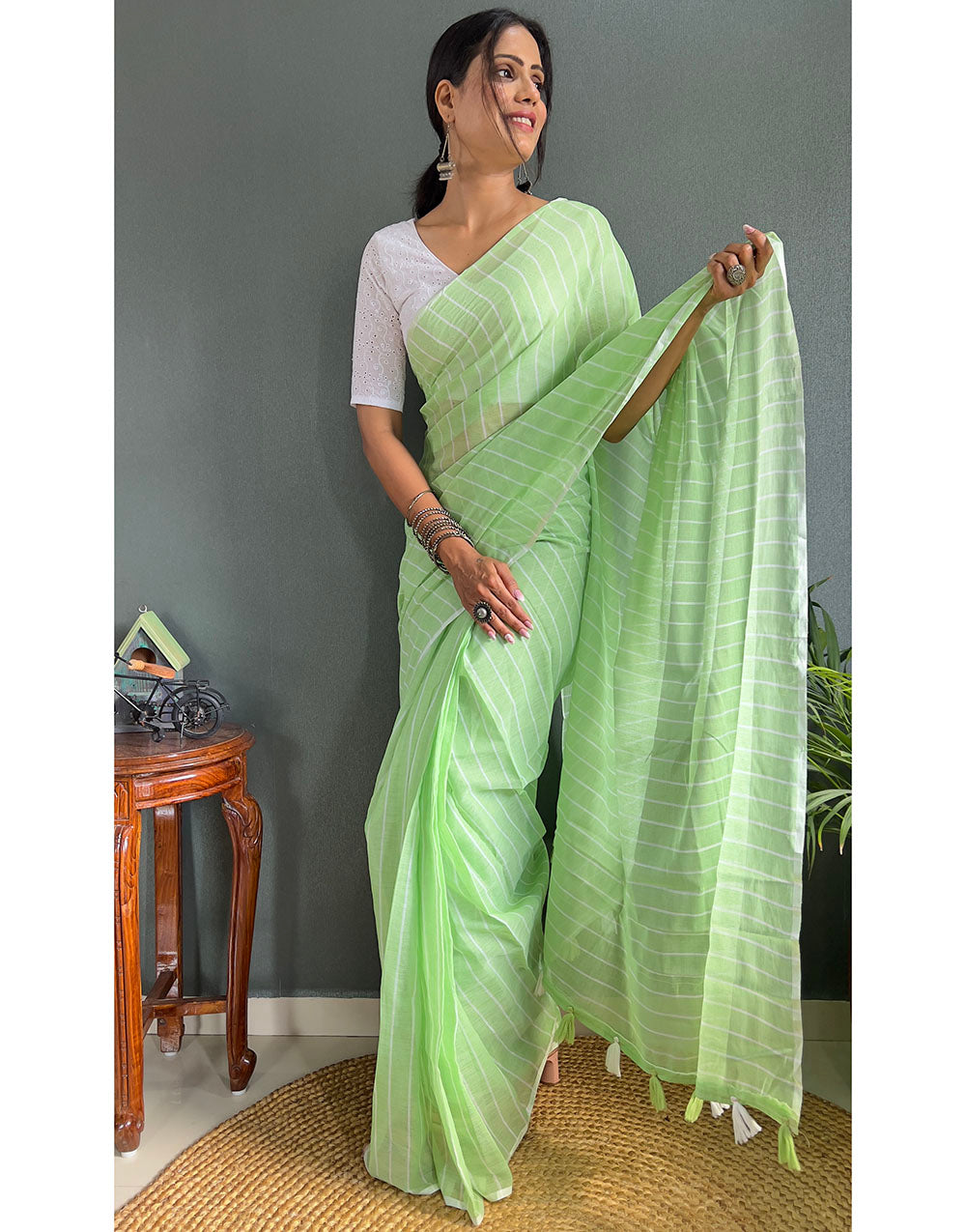 Pista Green Cotton Striped Saree With Tassels On Pallu