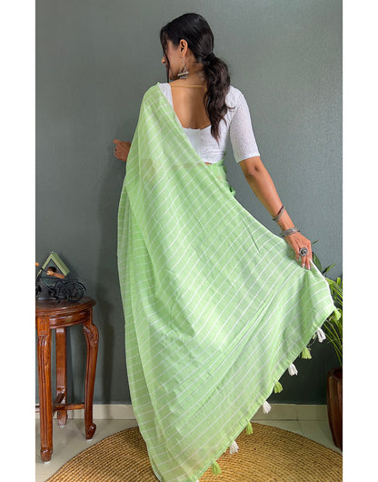 Pista Green Cotton Striped Saree With Tassels On Pallu