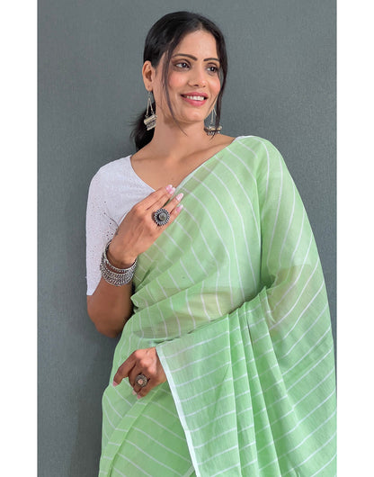 Pista Green Cotton Striped Saree With Tassels On Pallu