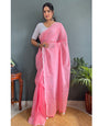 Rose Pink Cotton Striped Saree With Tassels On Pallu