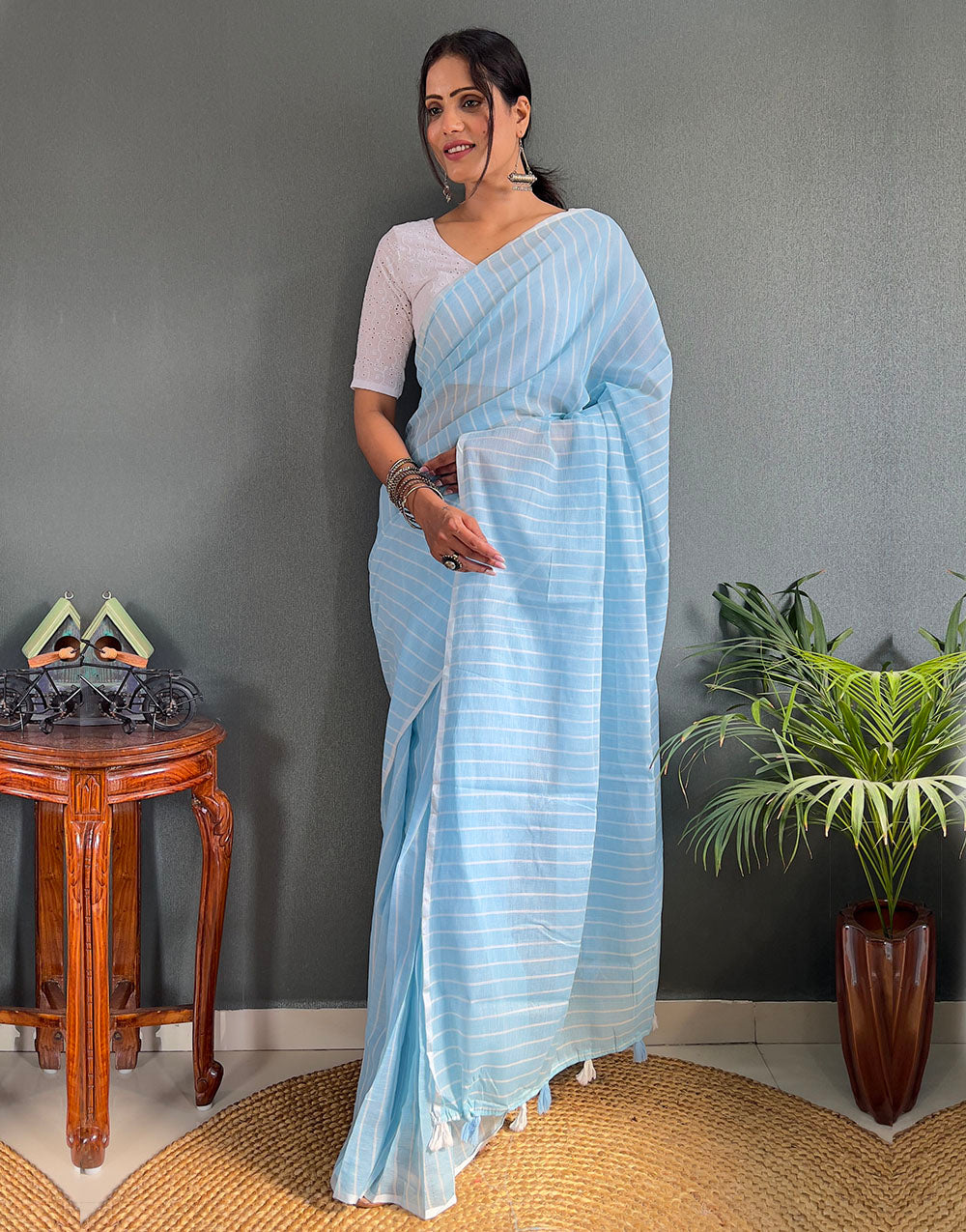 Sky Blue Cotton Striped Saree With Tassels On Pallu