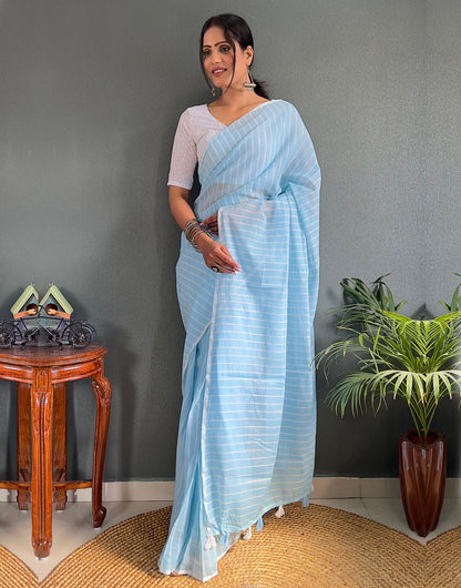 Sky Blue Cotton Striped Saree With Tassels On Pallu