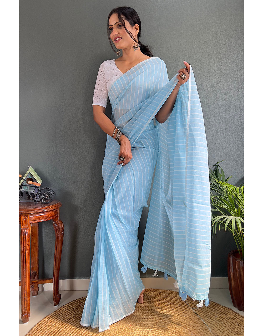 Sky Blue Cotton Striped Saree With Tassels On Pallu