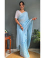 Sky Blue Cotton Striped Saree With Tassels On Pallu