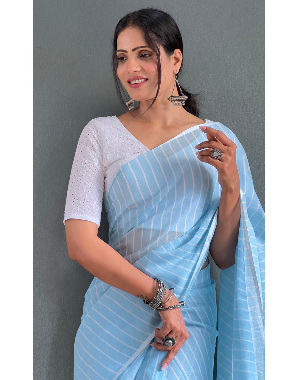 Sky Blue Cotton Striped Saree With Tassels On Pallu