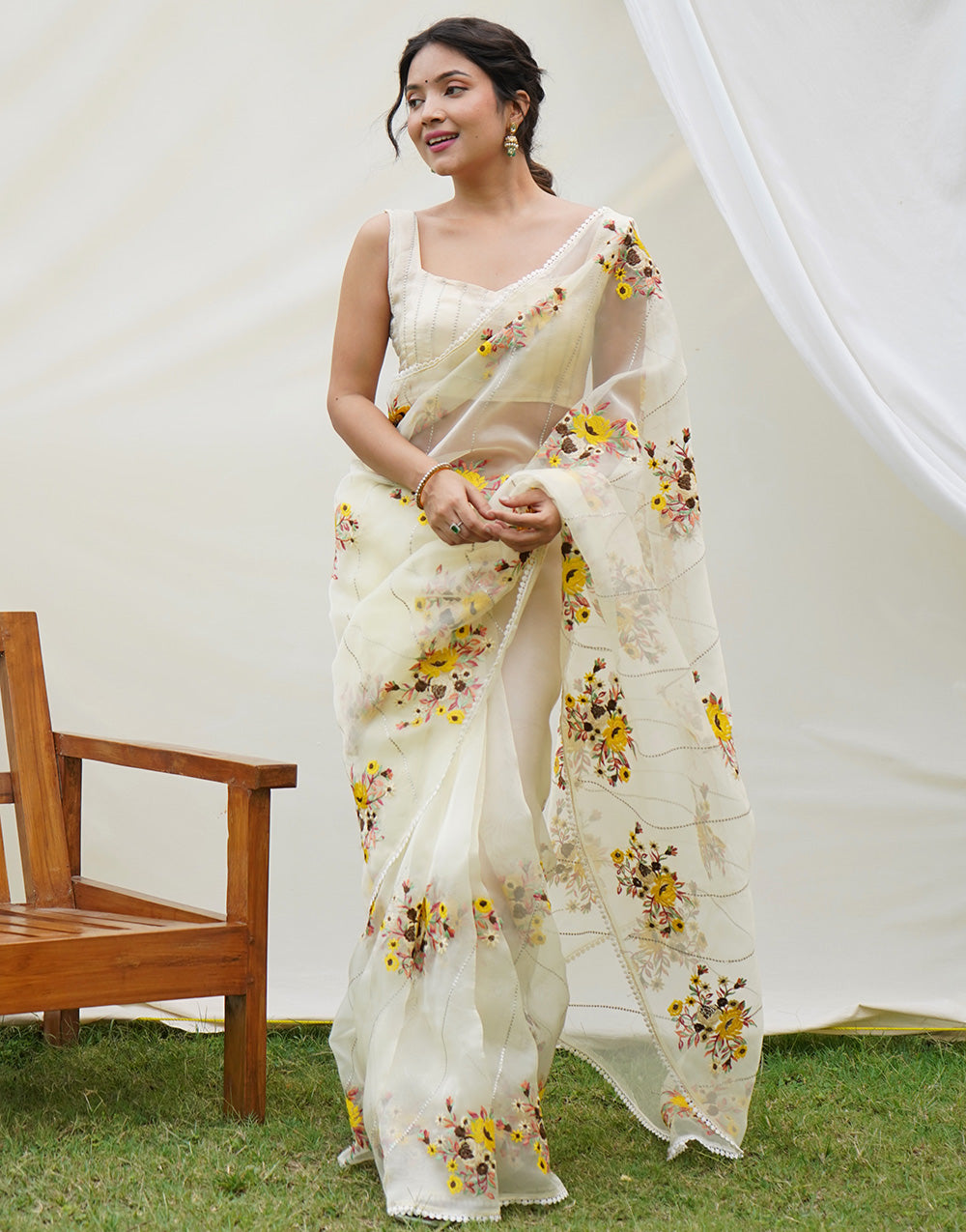 White Organza Saree With Embroidery Work