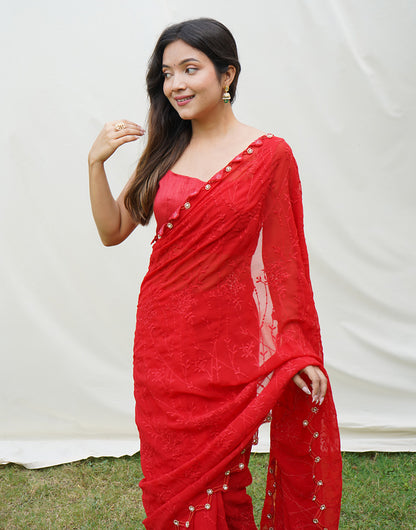 Red Georgette Saree With Chikankari Embroidery Designer Work