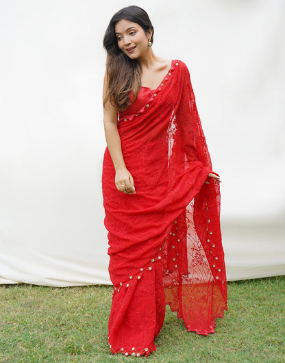 Red Georgette Saree With Chikankari Embroidery Designer Work