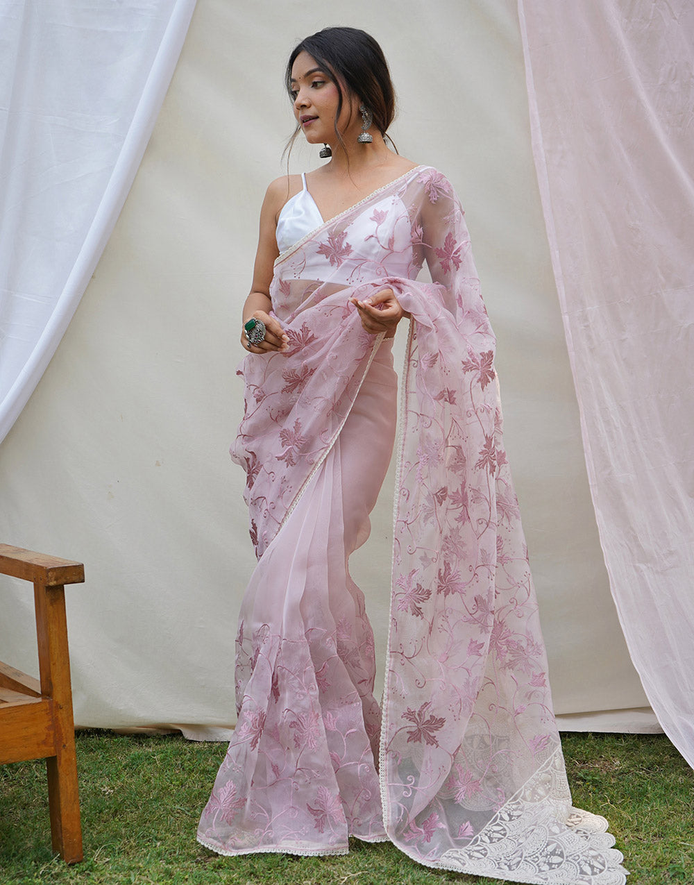 Pastel Pink Organza Saree With Embroidery Work With Lace Border