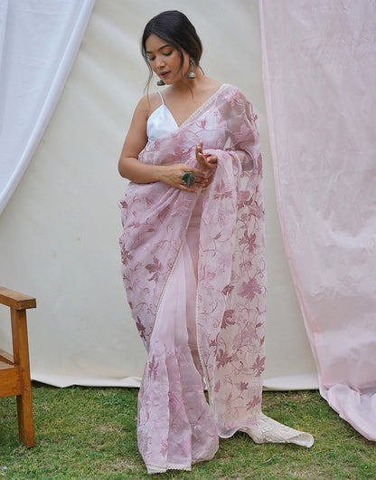 Pastel Pink Organza Saree With Embroidery Work With Lace Border