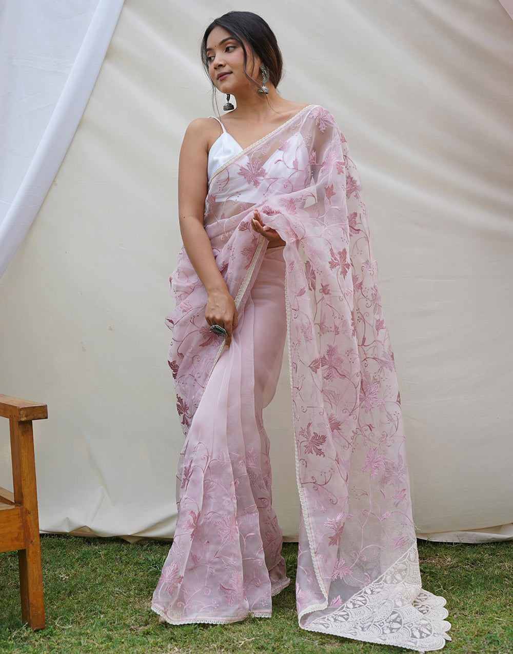 Pastel Pink Organza Saree With Embroidery Work With Lace Border