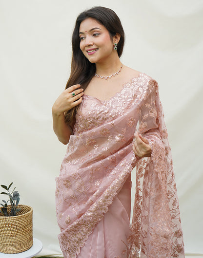 Peach Organza Saree With Embroidery Work & Lace border